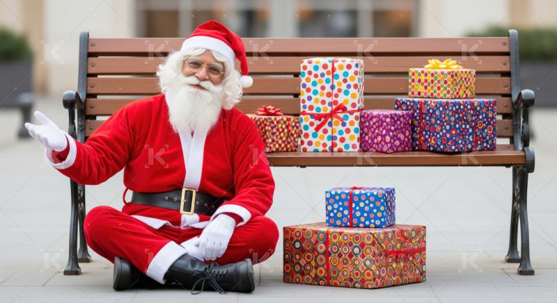 Smiling Santa Claus surrounded by numerous colorful Christmas gifts outdoors.