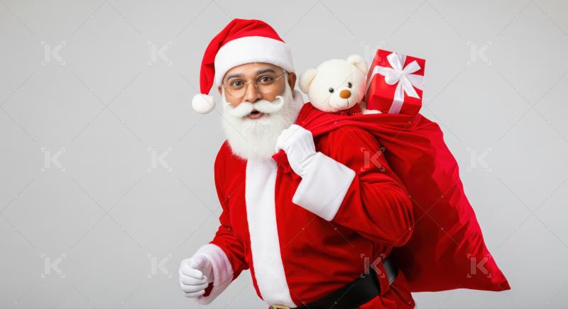 Happy Santa Claus carries gifts and a teddy bear.