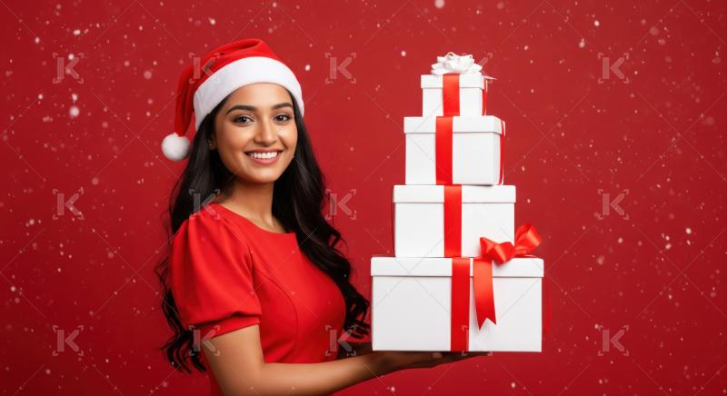 Happy Indian woman in Santa hat holds festive Christmas gifts.