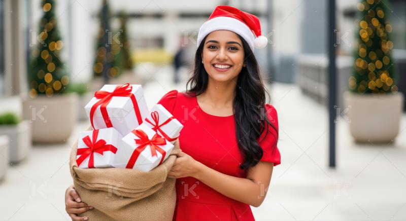 Happy woman in red dress carrying festive holiday gift sack.