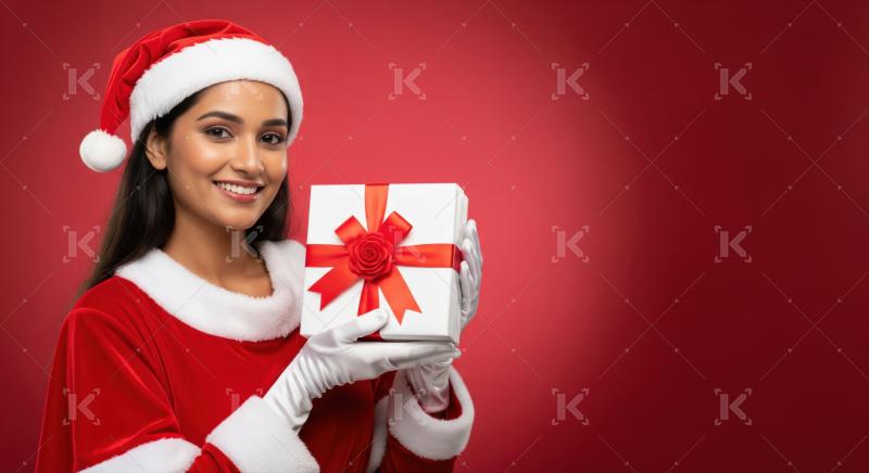 Beautiful Indian woman smiling cheerfully in Santa costume holding present.
