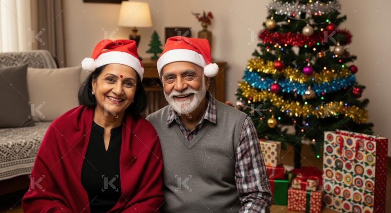 Joyful elderly Indian couple celebrating Christmas festivities together happily.