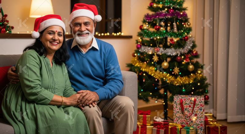 Happy senior Indian couple celebrating Christmas with tree and gifts.