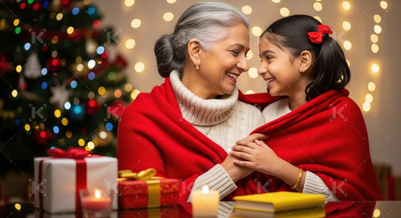 Loving grandmother and granddaughter sharing a joyful Christmas festive moment.