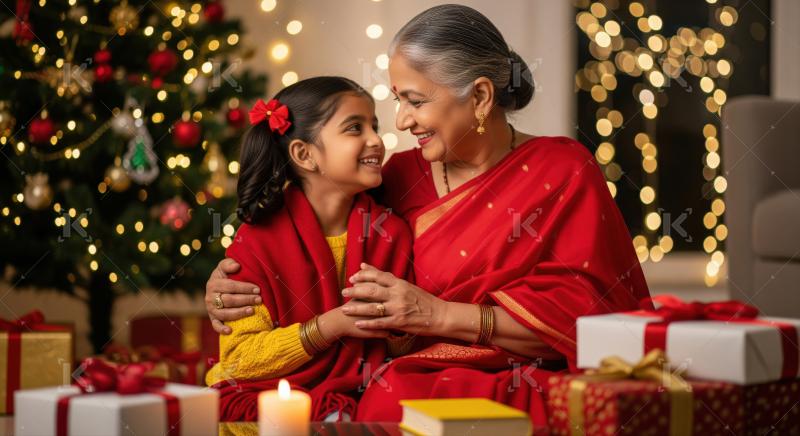 Heartwarming intergenerational bond, festive joy, and family love at Christmas.