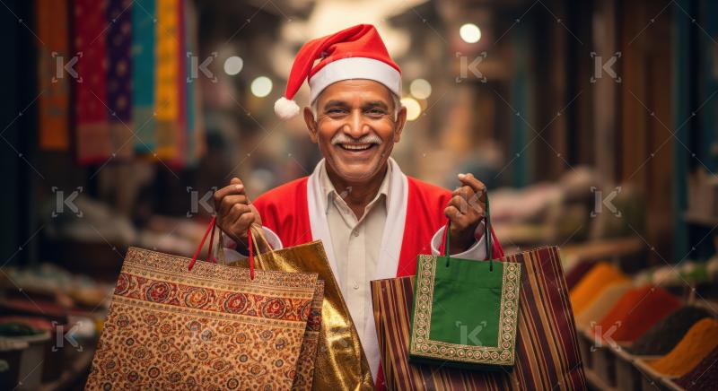 Joyful elderly man in Santa attire shopping at traditional market.