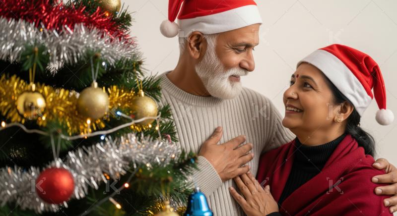 Joyful senior Indian couple celebrating festive Christmas season together.