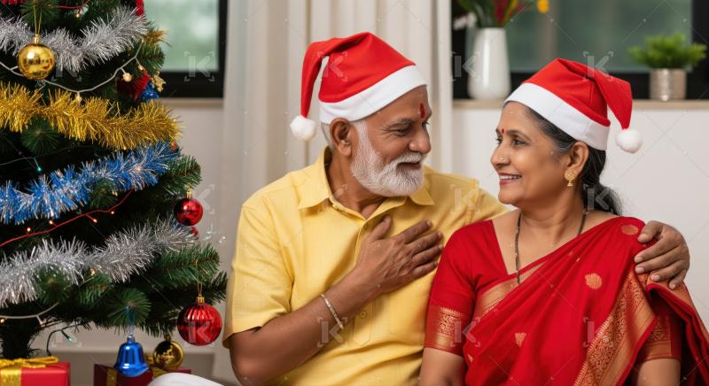 Happy Indian senior couple celebrating Christmas with festive joy.