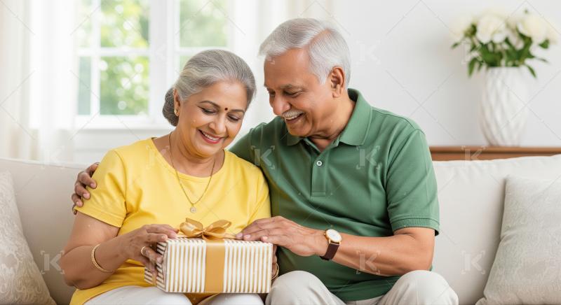 Joyful Indian seniors celebrating a special moment with present at home.