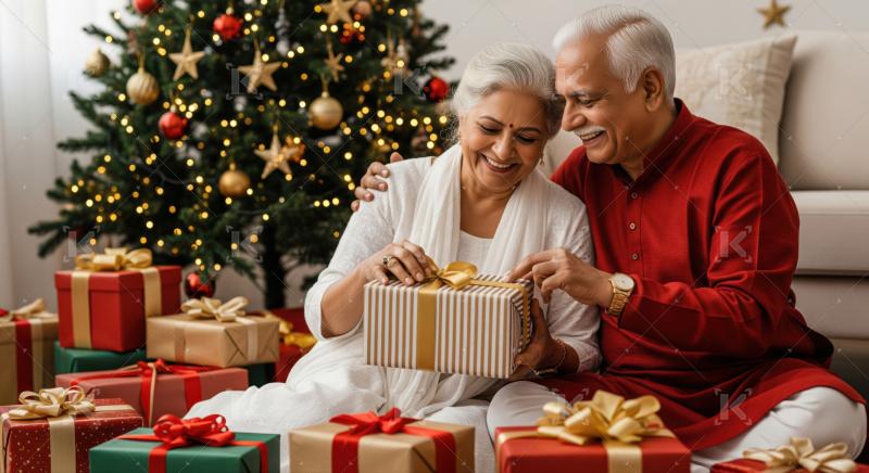 Joyful elderly Indian couple unwrapping a gift at Christmas.