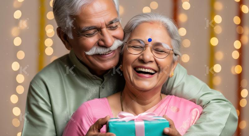 Joyful elderly Indian couple shares a loving moment and present.