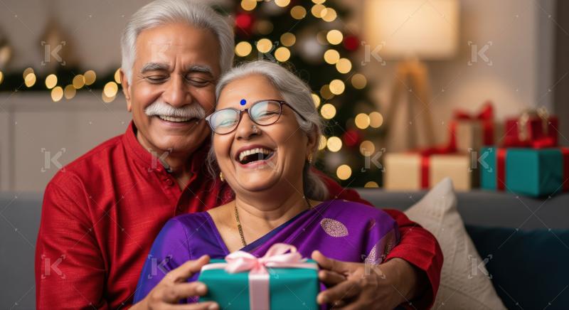 Smiling senior Indian couple sharing joyous moment with gift.