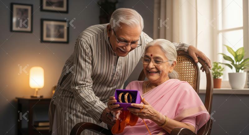 An elderly Indian couple sharing a joyful moment at home.