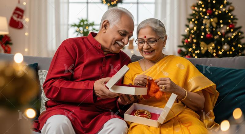 Joyful elderly Indian couple shares gifts during holiday celebration.