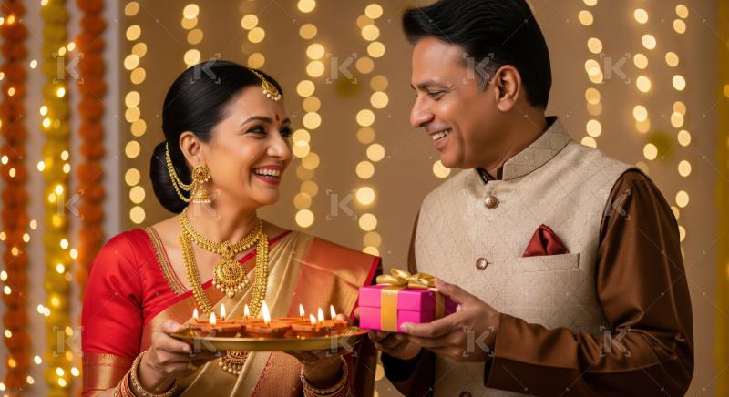 Joyful Indian couple celebrating Diwali with diyas and gift exchange.