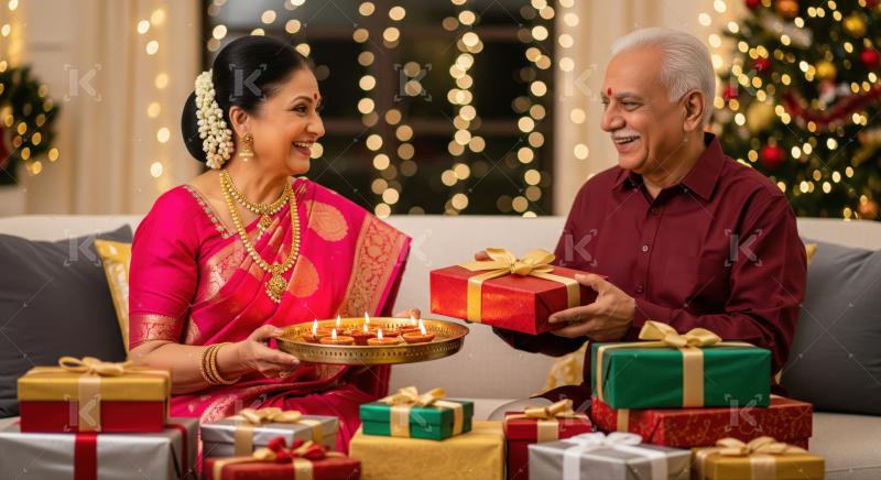 Joyful Indian couple exchanging gifts, diyas, celebrating during the festive season.