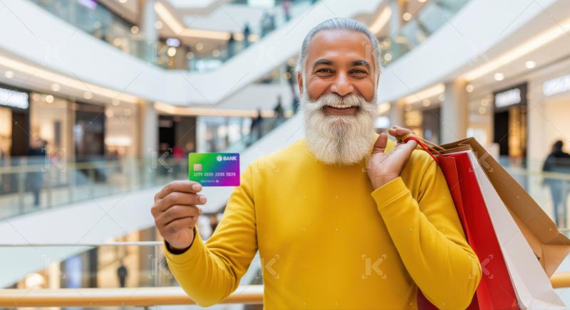 Joyful elder man with shopping bags and new credit card.