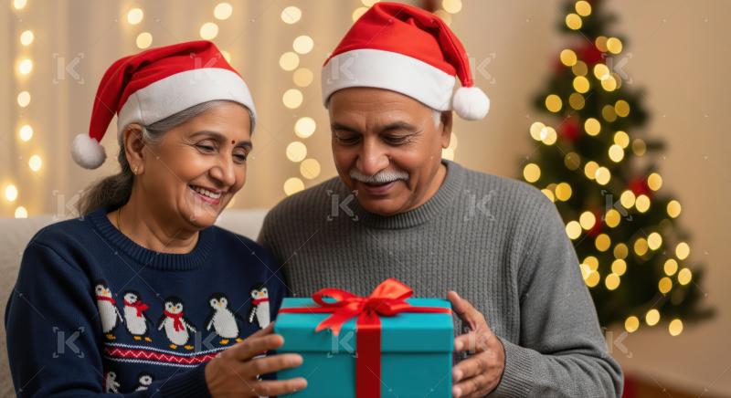 Happy senior couple enjoys Christmas gift exchange during holidays.