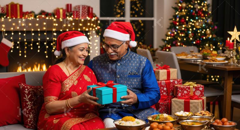 Joyful Indian couple exchanging a Christmas gift happily during celebrations.