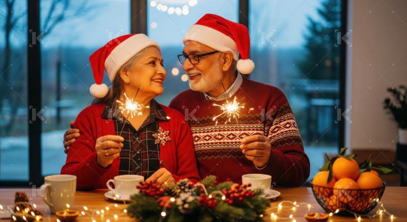 Happy senior Indian couple celebrating holidays with sparkling joy.