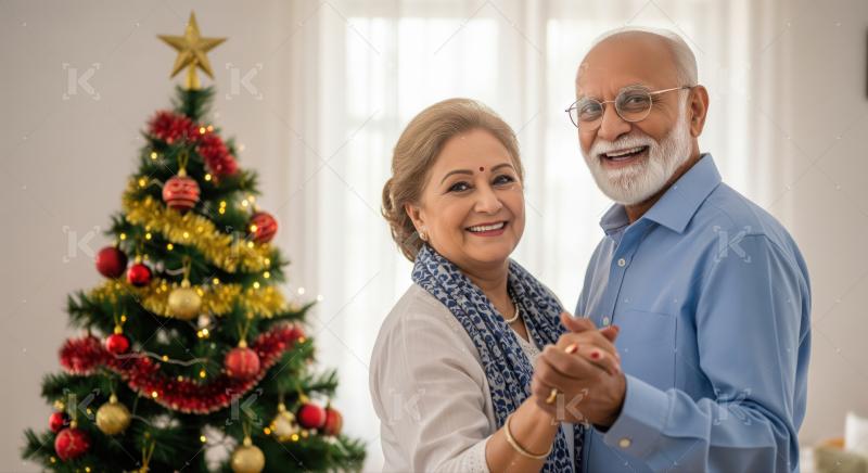 Joyful senior Indian couple celebrating Christmas festivities together.