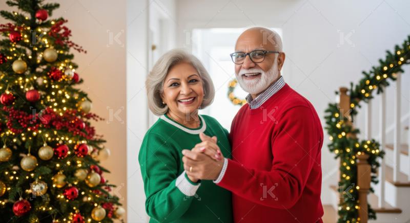 Happy senior Indian couple celebrates Christmas holidays joyfully at home.