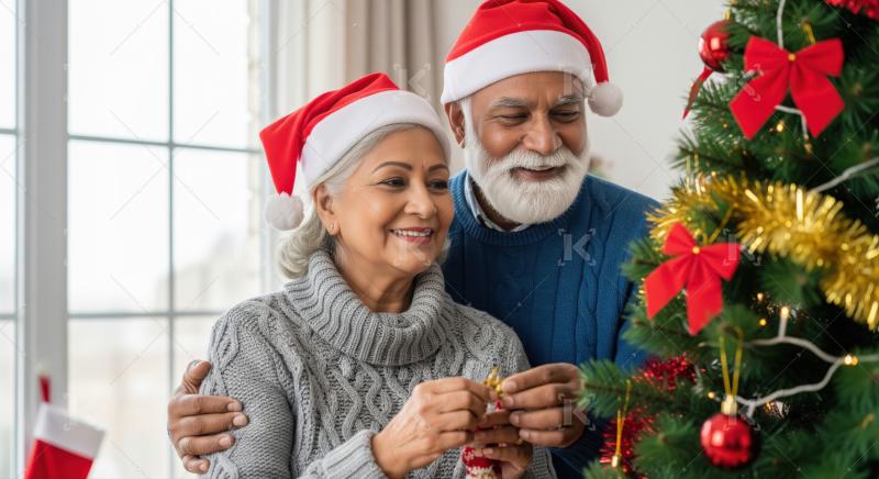 Joyful elderly couple decorates their festive Christmas tree at home.