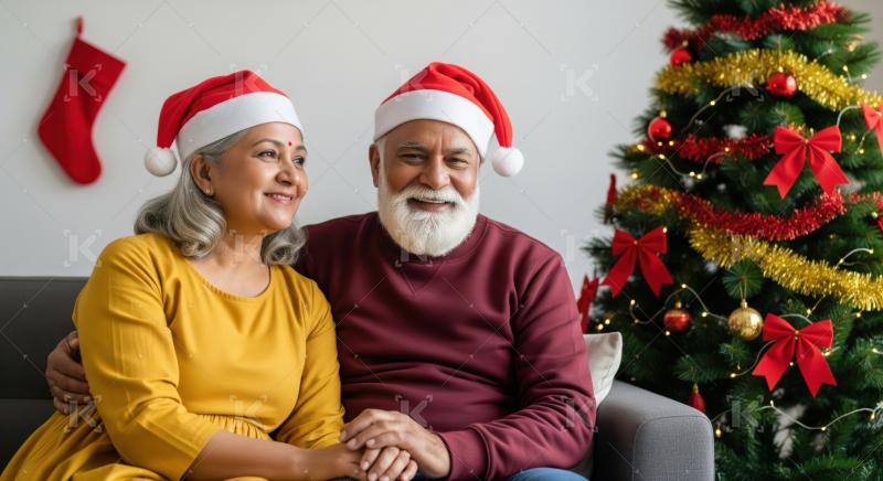 Joyful senior Indian couple enjoying Christmas celebration at home together.