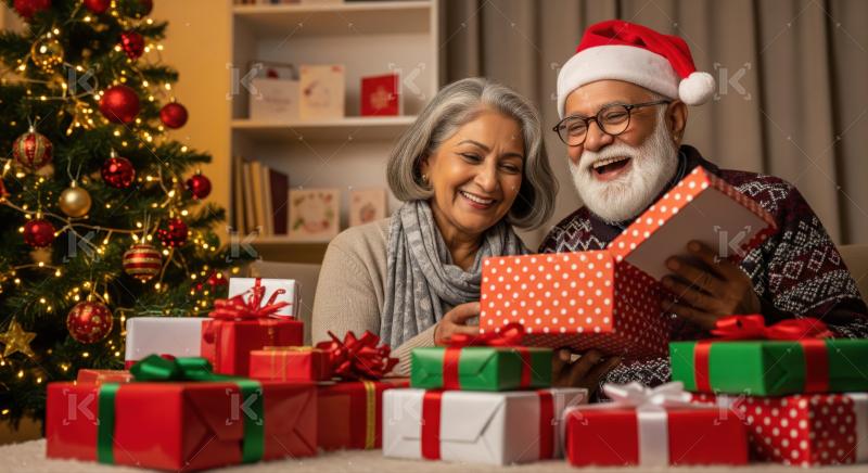 Senior couple happily opens Christmas gift, surrounded by presents.
