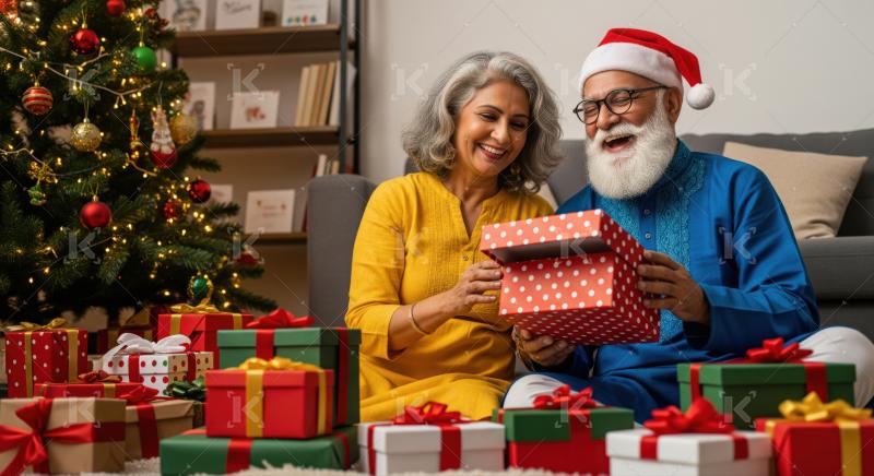 Elderly couple joyfully unboxing Christmas gift near decorated tree.