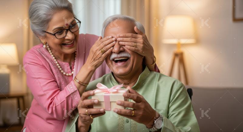 Happy Indian seniors celebrating special moment with surprise gift.