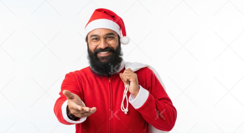 Cheerful man dressed as Santa, holding sack, smiling warmly.