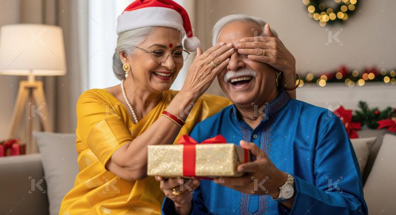 Elderly Indian couple enjoys festive surprise, exchanging gifts happily.