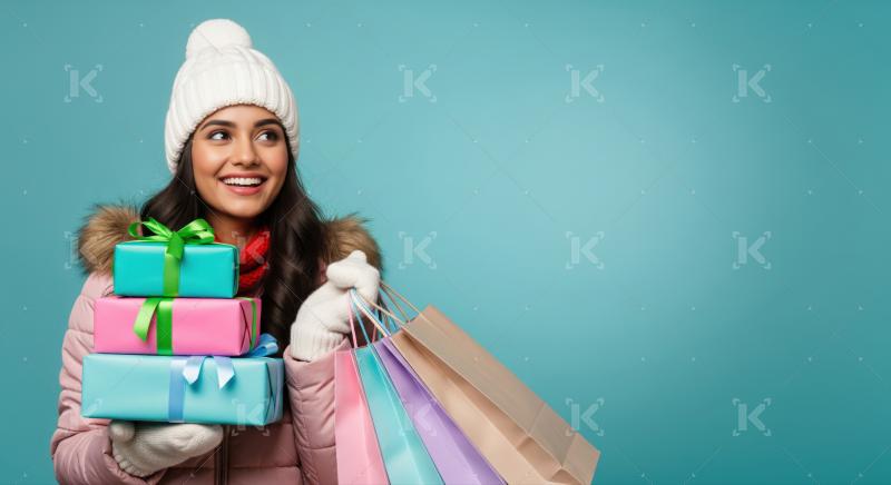Excited young woman holds gifts and colorful shopping bags.
