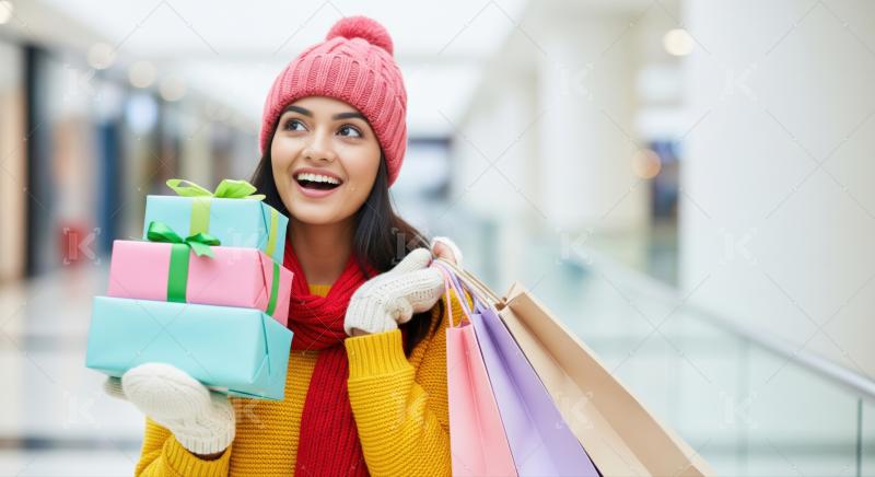 Happy shopper with holiday gifts and colorful bags in mall.