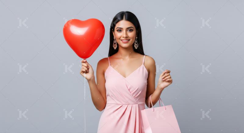 Beautiful woman smiling with a heart balloon and shopping bag.