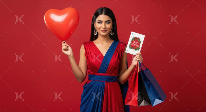 Joyful woman holding festive card, balloon, and shopping bags.
