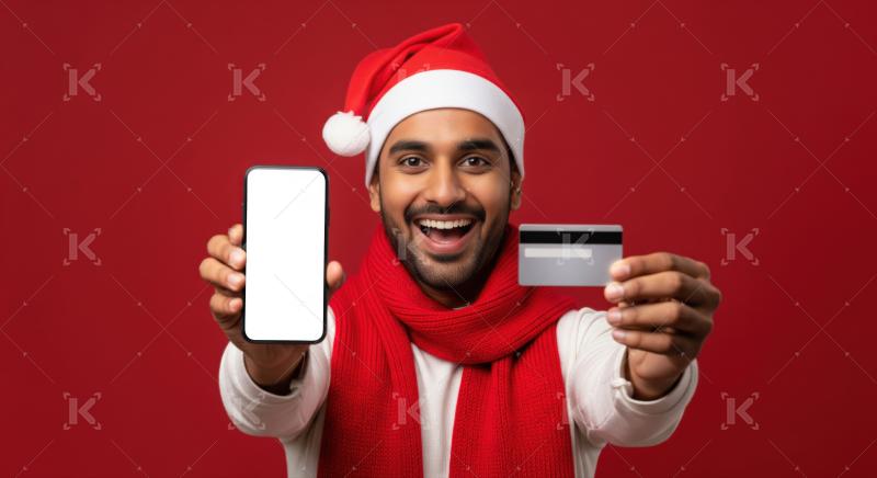 Joyful man displaying phone, credit card for festive shopping deals.