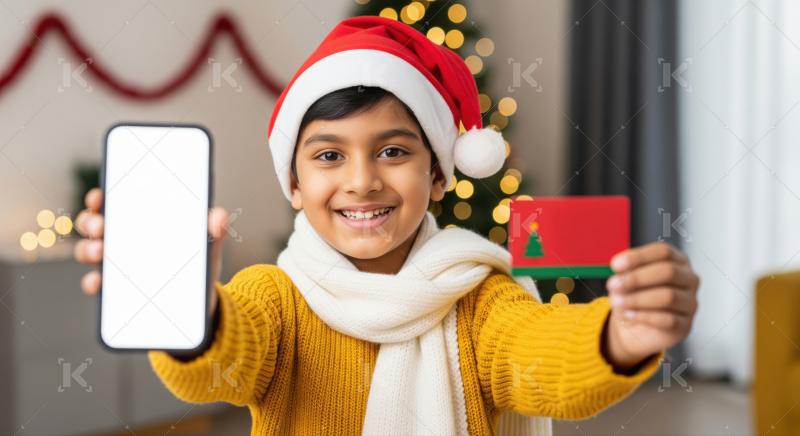 Smiling child with Santa hat displays smartphone and Christmas gift card.