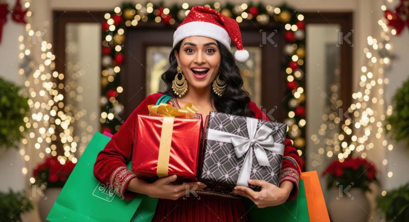 Joyful Indian woman celebrates Christmas holding gifts and shopping bags.