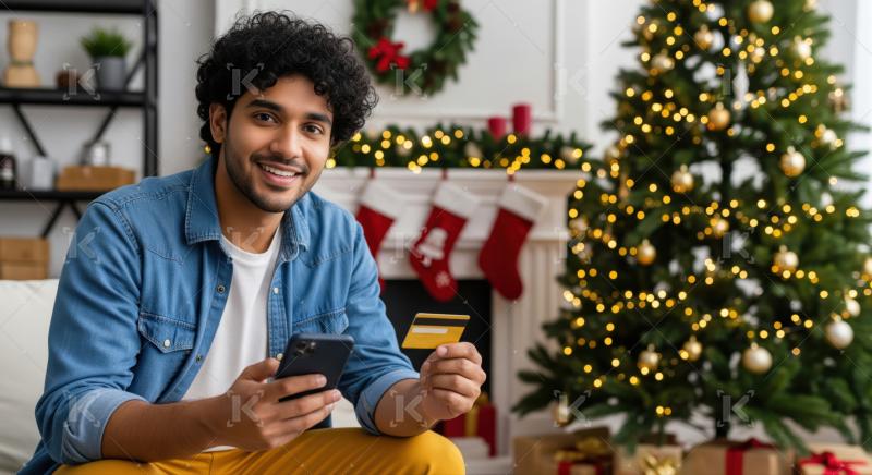 Man joyfully shops online with phone, card during holidays.