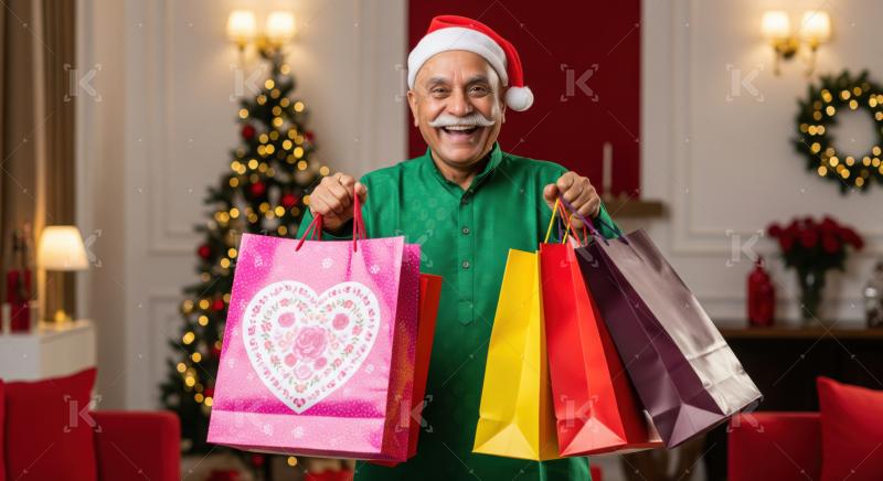 Happy senior man with Christmas shopping bags smiling cheerfully.