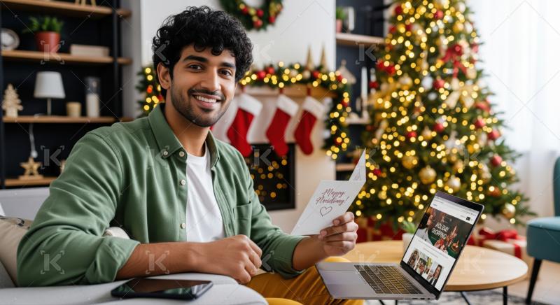 Man enjoys holiday spirit, shopping online, holding festive card.