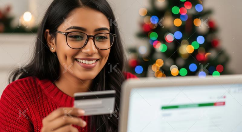 Young Indian woman joyfully shops online using her credit card.