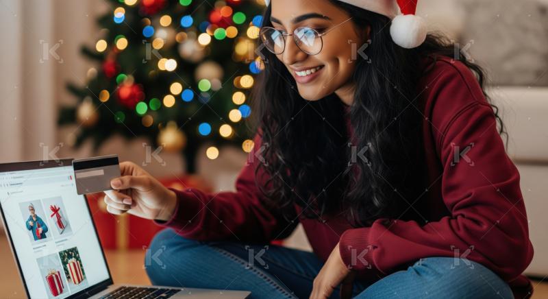 Joyful woman uses laptop and credit card for holiday shopping.