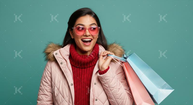 Happy young woman in winter fashion with shopping bags.