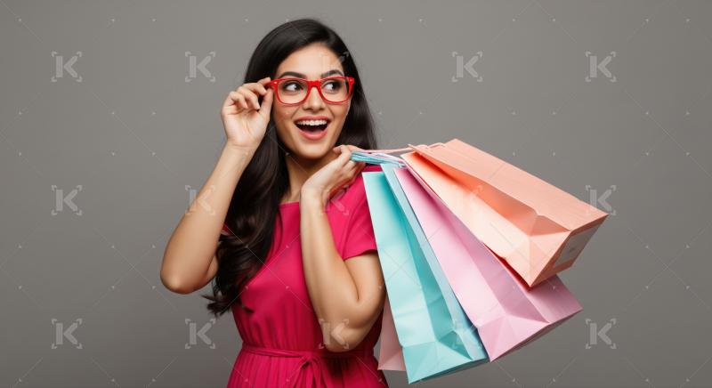 Excited young lady in red glasses holding colorful shopping bags.