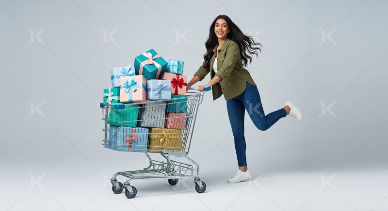 Happy woman pushes cart brimming with colorful holiday gifts.
