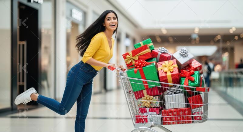 Joyful woman shopping for numerous presents at a modern mall.