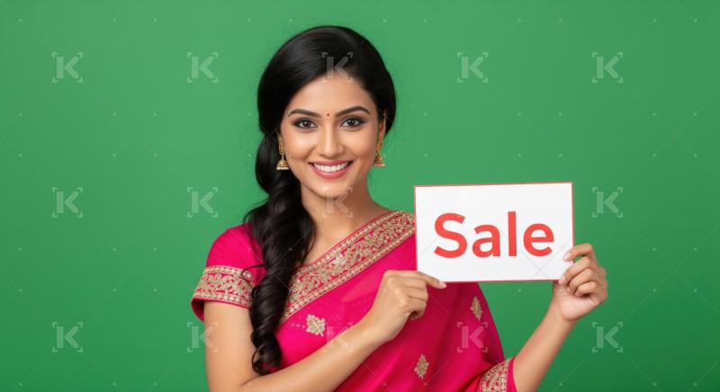 Young Indian woman holding a sale sign with a cheerful smile.